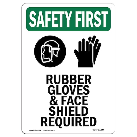 OSHA SAFETY FIRST Sign, Rubber Gloves And Face W/ Symbol, 5in X 3.5in Decal, 10PK